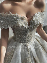 Strapless Sweetheart Tulle Champagne Lace A-line Wedding Dress Occasion Dress
