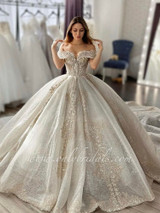 Strapless Sweetheart Tulle Champagne Lace A-line Wedding Dress Occasion Dress