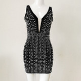 Sexy V-neck Beaded Backless Bodycon Dress Elegant Celebrity Club Party High Quality Dress
