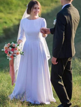 Satin Wedding Dress 2021 A Line O Neck Muslim Bridal Gowns for Women Simple Robes de mariée Vintage Vestidos de noiva