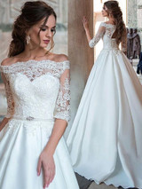 onlybridals  Ball Gown Half Sleeve White Lace Satin Off Shoulder Wedding Dress