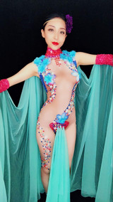 Big Flowers Rhinestones Stretch Nude Jumpsuit/Bodysuit Sexy Costume