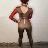 Red Rhinestone Brown Bodysuit Sexy Dance Costume