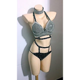 Silver & Black Bodysuit With Rhinestones Sexy Dance Costume