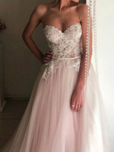 onlybridals Off-the-shoulder beaded blush beach wedding dress