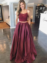 onlybridals Burgundy Satin Lace Top Spaghetti Straps Two Piece Prom Dress