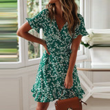 Women Dresses Summer Sexy V Neck Floral Print Boho Beach Dress Ruffle Short Sleeve A Line Mini Dress Sundress