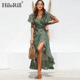 Summer Beach Maxi Dress Women Floral Print Boho Long Dress Ruffles Wrap Casual V-Neck Split Sexy Party Dress Summer Beach Maxi Dress Women Floral Print Boho Long Dress Ruffles Wrap Casual V-Neck Split Sexy Party Dress