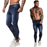 Men Elastic Waist Skinny Jeans Men Stretch Ripped Pants Streetwear Mens Denim Jeans Blue
