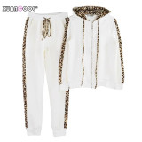 XUANSHOW Fashion Women Tracksuit Long Pant Suit Set Autumn Winter Leopard Print Pocket Zipper Fleece Hoodies Coat 2 Piece S-XXL