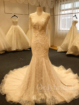 onlybridals Bohemian Lace Mermaid Wedding Dress Long Sleeve Pearl Buttons Bridal Dress Customization