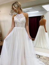 onlybridals A Line Halter Tulle Wedding Dress with Lace, Backless Beach Wedding Dress