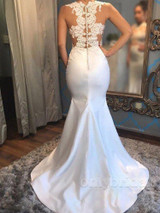 onlybridals Mermaid Scoop Sleeveless Wedding Dress Satin Applique Court Train Bridal Gowns