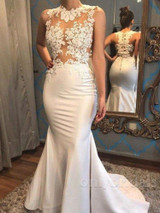 onlybridals Mermaid Scoop Sleeveless Wedding Dress Satin Applique Court Train Bridal Gowns