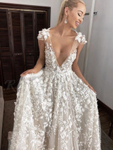 onlybridals A-Line White V-Neck Cap Sleeves Wedding Dress with Sweep Train