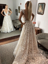 onlybridals A-Line White V-Neck Cap Sleeves Wedding Dress with Sweep Train