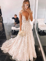 onlybridals A-Line White V-Neck Cap Sleeves Wedding Dress with Sweep Train