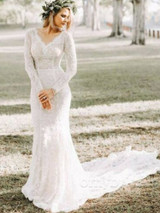 onlybridals Long Sleeve Lace Sheath Beach Boho Mermaid Bridal Gown Boho V neck Wedding Dress