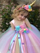 onlybridals Girls Pastel Unicorn Flower Tutu Dress Kids Crochet Tulle Strap Dress Ball Gown with Daisy Ribbons Children Party Costume Dress
