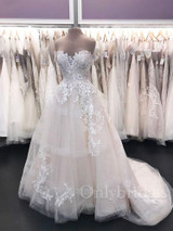 onlybridals Lace floral champagne and ivory leaky shoulder wedding dress, ball gown, fluffy wedding dress