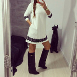 Hot Fashion Women Casual White Lace Dress Ladies Party Long Sleeves Dress Casual Round Collar Loose Mini Short Dress