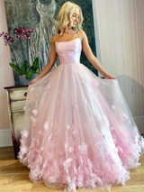 onlybridals Elegant Pink Sweet 16 Prom Dress Tulle Spaghetti Straps 3D Flowers Lace Tulle Ball Gown Evening Dress Women Formal Party