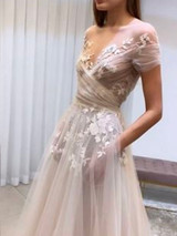 champagne tulle lace long prom dress boho lace wedding  dress