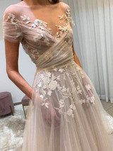 champagne tulle lace long prom dress boho lace wedding  dress
