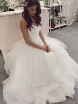 onlybridals A-line wedding Dress Sweetheart White Ivory Pleat Tulle Bridal Dress Spaghetti Strap Tiered Skirt Backless