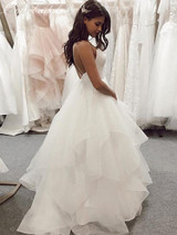 onlybridals A-line wedding Dress Sweetheart White Ivory Pleat Tulle Bridal Dress Spaghetti Strap Tiered Skirt Backless