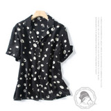 Short Sleeves White Polka Dots Buttoned Silk Black Daytime Casual Shift Blouse