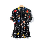 Summer Short Sleeves Polka Dots Handbag-Printed Silk Holiday Casual White/Black Blouse