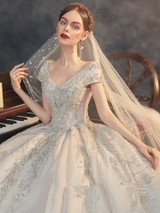 onlybridals Cap-Sleeve Deep-V-Neck Vintage Lace Wedding Dress With Flower And Sweep Train