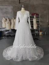 onlybridals Vintage Long Sleeve Lace Satin Wedding Dress Sexy Deep V Neck Backless Bride Dress for Wedding