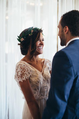 A-line V neck Beaded Wedding Dress With Sleeves Rustic Wedding Gowns Sparkly Bridal Gowns AMY2872