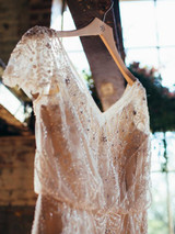 A-line V neck Beaded Wedding Dress With Sleeves Rustic Wedding Gowns Sparkly Bridal Gowns AMY2872