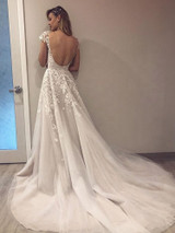 onlybridals Tulle Backless Wedding Dress Off Shoulder Applique Floor Length Wedding Gowns