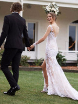 onlybridals Boho Lace Mermaid Wedding Dress Sexy Front Split Lace Long Sleeve Wedding Gowns