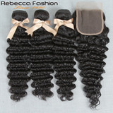 Fashion Brazilian Deep Wave Hair Bundles With Closure Remy Human Hair Weaves 3 Bundles Deep Wave With Closure