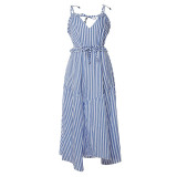 Women V Neck Tie Spaghetti Strap Irregular Ruffle Hem Midi Striped Casual Beach Dress