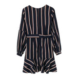 Women Lantern Sleeve Casual Striped V-Neck Casual Ruffle Mini Party Dress