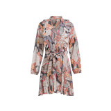 Women Elegant Floral Print V Neck Long Sleeve Ruffle Satin  Sundress