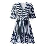 Women Vintage Striped V Neck Ruffle Cotton Short Dress