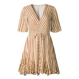 Women Vintage Striped V Neck Ruffle Cotton Short Dress