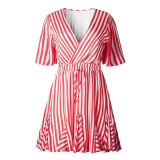 Women Vintage Striped V Neck Ruffle Cotton Short Dress