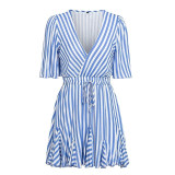 Women Vintage Striped V Neck Ruffle Cotton Short Dress