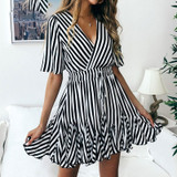 Women Vintage Striped V Neck Ruffle Cotton Short Dress