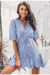 Women Vintage Striped V Neck Ruffle Cotton Short Dress