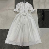 Women Casual Print V Neck Puff Sleeve High Waist Midi Dress