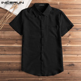 Short Sleeve  Lapel Neck Button Pockets Solid Male Shirt